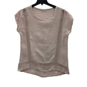 Italian Linen Crochet Lace Top Boho Romantic Cottage Short Sleeve Coastal Size M